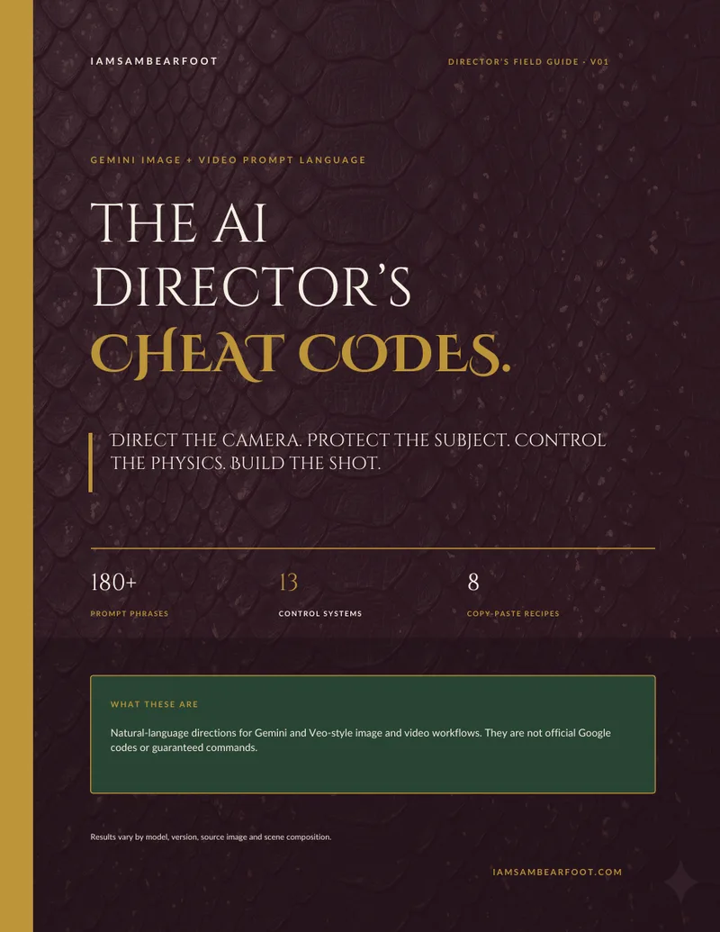 The cover of The AI Director's Cheat Codes: direct the camera, protect the subject, control the physics, build the shot. 180+ prompt phrases, 13 control systems, 8 copy-paste recipes.