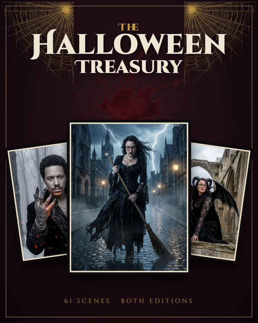 The Halloween Treasury: Sam striding down a stormy cobbled street with a broom, between two more scenes, under gold cobwebs.