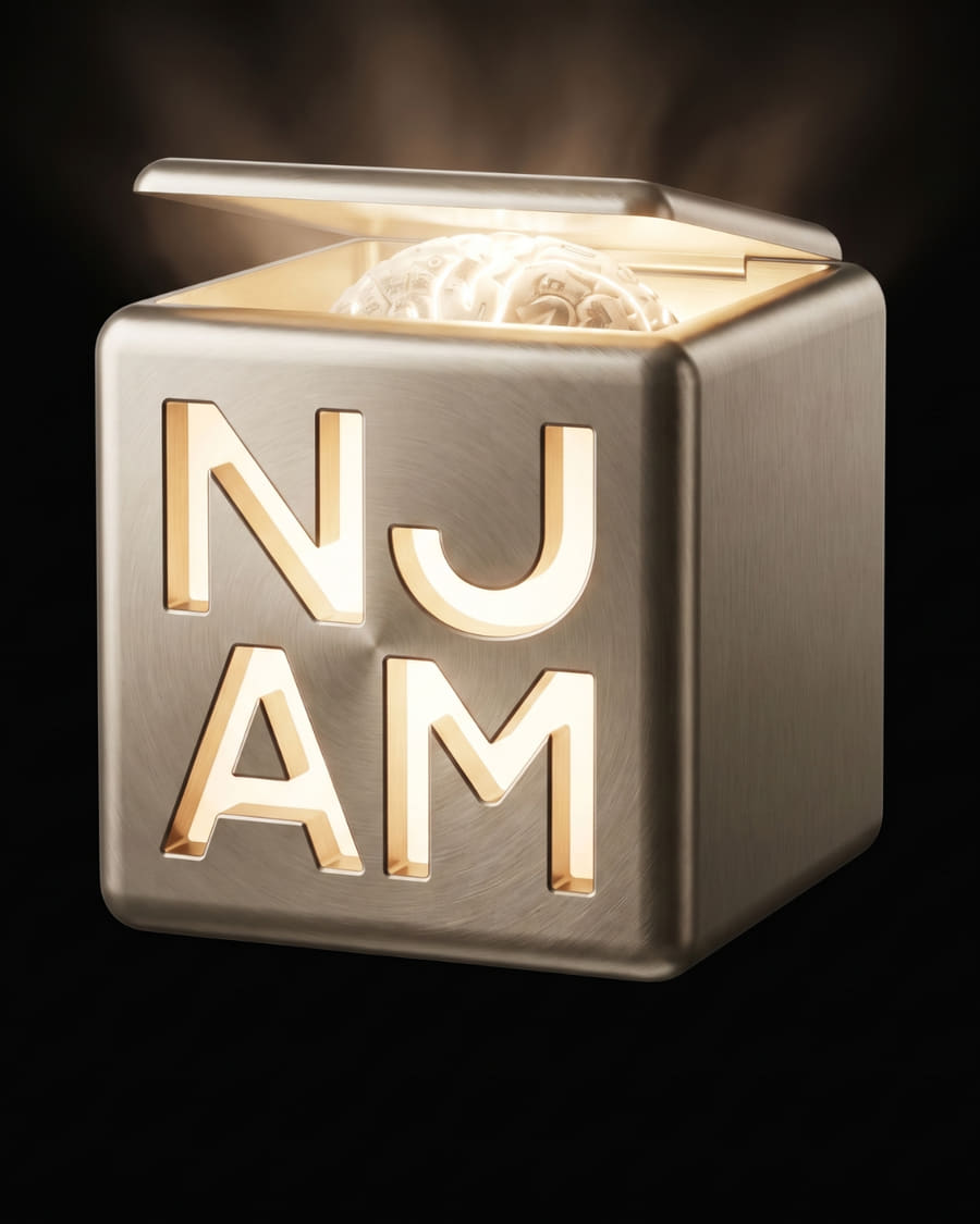 The NJAM mark — a brushed metal cube with NJ stacked over AM cut through its face, lid ajar and a lit brain inside.