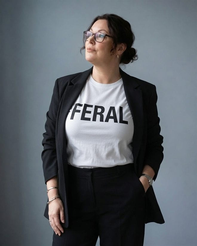 Sam Bearfoot, chin up and looking off camera, in a black blazer over a white FERAL T-shirt.
