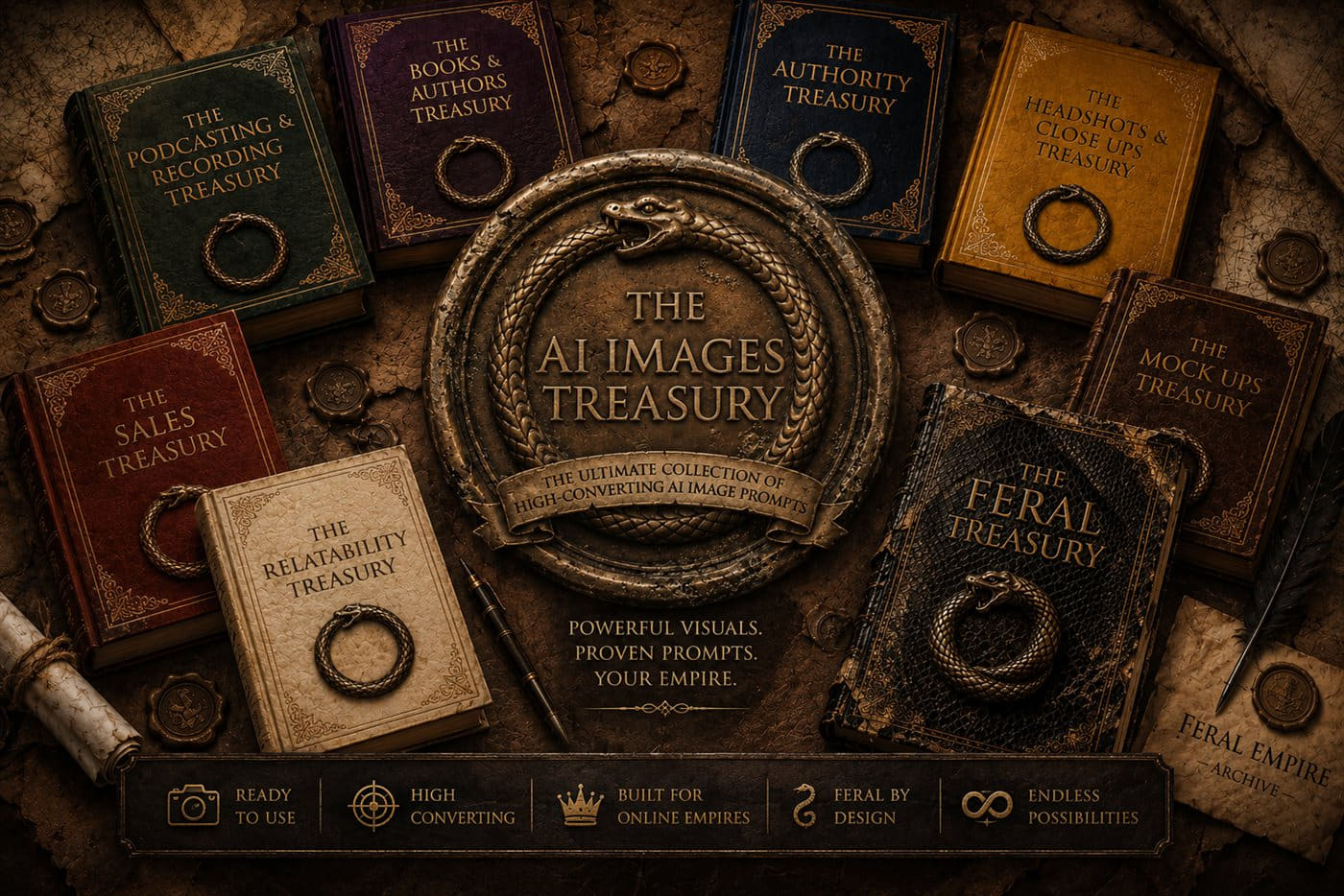 The Treasury volumes laid out on an old desk — Authority, Sales, Relatability, Feral, Headshots, Podcasting and Mock Ups — around a bronze ouroboros seal.